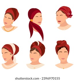 Collection of jewish women in traditional jewish headcovering. Vector illustration on white background. svg