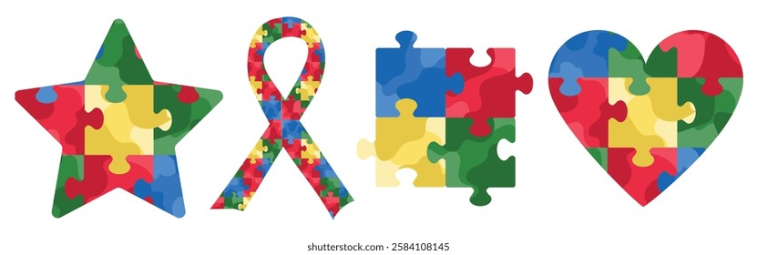 Collection of jigsaw puzzle figures - square, heart, star isolated on white background. Hand drawn vector illustration in flat style. Team building, autism awareness day symbol, business strategy logo