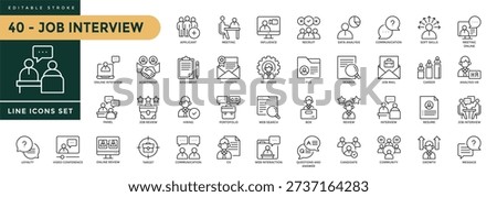 A collection of Job Interview icons set with editable stroke, including candidate, hiring, recruitment, Feedback, resource, hr, cv, resume, collection, recruit, hire. Thin linear vector illustration
