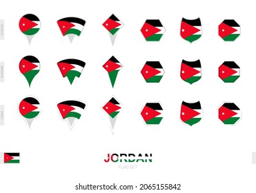 Sammlung der jordanischen Flagge in verschiedenen Formen und mit drei verschiedenen Effekten. Vektorfahmensatz.