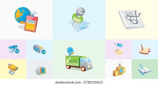 Collection of journalism and broadcasting icons including a green news van microphone newspaper with glasses press pass globe camera and television