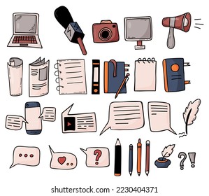 Collection journalism items. Microphone, megaphone, laptop, notepads and sheets of paper, newspaper, letters and online messages, pencils and inkwell. Isolated vector color drawings doodles