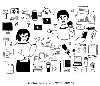 Collection journalism vector doodles. Male journalist reporter with microphone and female TV presenter, hands with voice recorder, broadcast recording, laptop, newspaper. Isolated linear hand drawns.