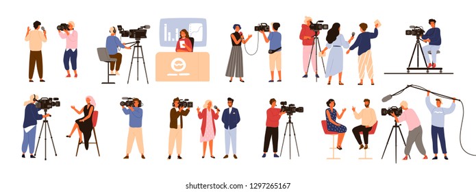 Collection of journalists, talk show hosts interviewing people, news presenters and cameramen or videographers with cameras isolated on white background. Vector illustration in flat cartoon style.