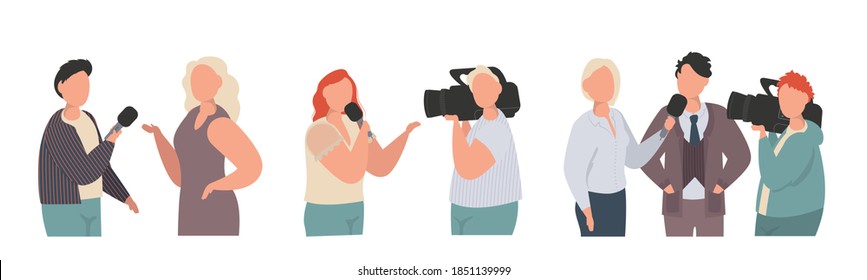 Collection of journalists, talk show hosts interviewing people, news presenters and cameramen or videographers with cameras isolated on white background.