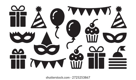 Colección de Elementos alegres para eventos, incluidos regalos, ropa de fiesta, dulces y artículos decorativos