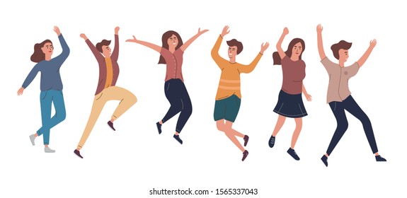 Collection of joyful jumping men and women dressed in casual clothes. The concept of friendship, healthy, happiness, lifestyle, young, party, success. Vector illustration in a flat style.