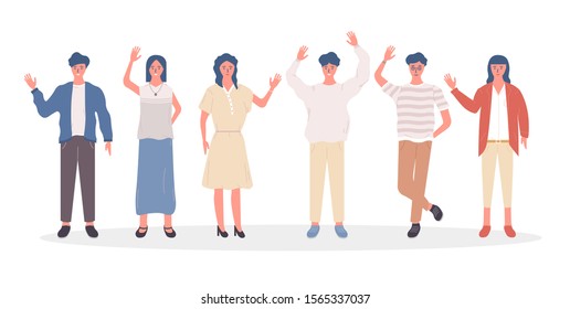 Collection of joyful people greet and wave their hand. Happy and young character isolated on white background. cheerful smiling. Men, women in casual clothes, national costumes say hello. Flat style.