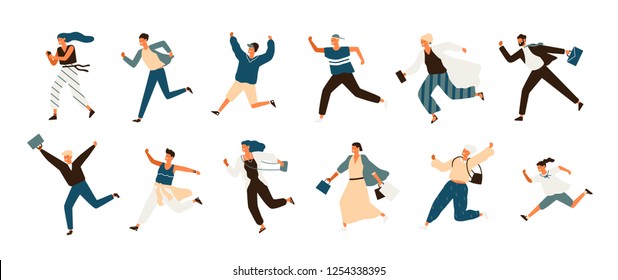 Collection of joyful running men and women dressed in casual clothes. Set of funny smiling people in hurry or haste. Happy flat cartoon characters isolated on white background. Vector illustration.