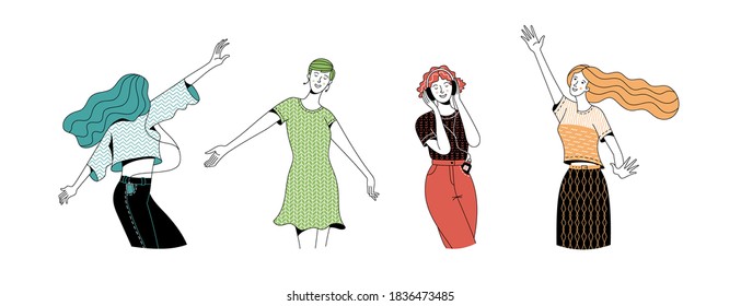 Collection of joyful women dancing at party vector illustration.  Flat duotone happy female characters. Positive thinking and enjoying life concept. Cartoon good mood power svg