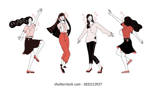Collection of joyful young blonde and brunette women characters dancing at party and music notes on white background as hedonism and freedom concept svg