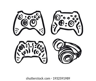 A collection of joysticks and headphones on a white background, logo. Hand drawn illustrations for textile design, banners, posters. 