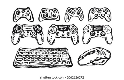 Collection of joysticks, keyboard, computer mouse isolated on a white background. Hand drawing. 