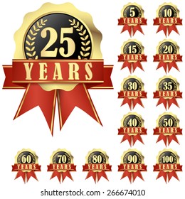 collection of jubilee buttons with banner and ribbons for 25 years and others