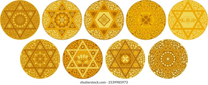 Coleção de arte vetorial redonda judaica. Mandala altamente detalhada com motivos florais folclóricos e seis estrelas pontiagudas em cores douradas. Usar como decoração para eventos feriados, impressão, arte de parede, embalagem