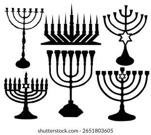 Coleção de ícones judaicos. Religião ícone sólido. Ícone do glifo da menorá. Velas de Chanucá. Festival de luzes judaico. Festa da Dedicação. Símbolo de silhueta. Símbolo das Férias de Israel. Menorá ícone do Chanucá