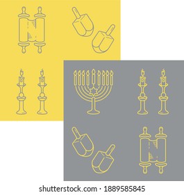 Collection of Judaism sign icons isolated on a contrasting background. Yellow and gray Torah scrolls, candlestick, candles, menorah  and draydel game vector outline icons set 