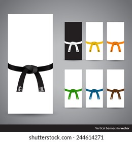 Collection of judo, karate or other martial art belts on banners