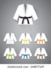 Collection of judo, karate or other martial art suit with different belt colors with long shadow in vector