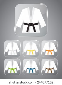 Collection of judo, karate or other martial art suit with different belt colors under glass in vector