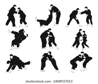 Collection of judoka silhouettes, isolated vector