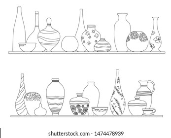 Collection of jugs, vases, dishes on shelves for your design. Line art style. Pottery earthenware, vases, clay bowls and pots isolated on white.  