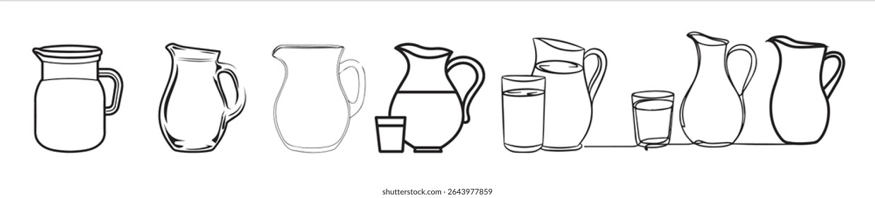 Collection of Jugs vector outline and on white, Jug of Water Icons