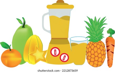 a collection of juices and a blender of fresh and healthy yellow color