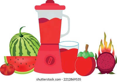 a collection of juices and a blender of fresh red color 