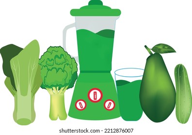 una colección de zumos de frutas y verduras y una batidora de color verde fresco y saludable