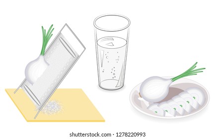 Collection. Juicing. Grate the onions, squeeze and pour into a glass. Liquid for health. Sliced onions on a plate. Vector illustration set.