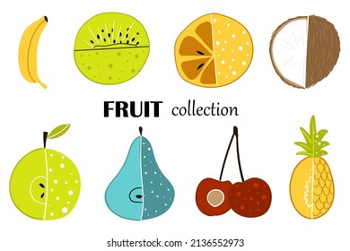 Collection of juicy sliced exotic fruit banana, kiwi, orange, coconut, apple, pear, cherry, pineapple in cartoon style for card, poster, cover, invitation, sticker