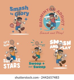 Collection of Jumping Cute Guy Holding Racket Badminton Player Sport Retro Mascot Character Cartoon Design Illustration Set	
