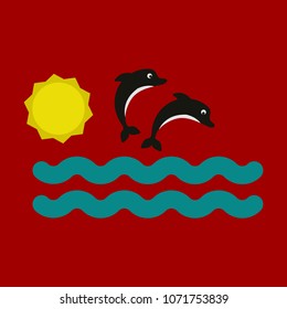 collection jumping, two dolphins, and swimming vector illustration.