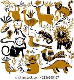 Collection of jungle animals and birds. Hoopoe, lemur, monkey, lion, chameleon, pheasant, flamingo, snake. Cute animals. Vector illustration.