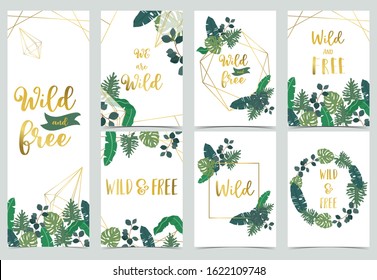 Collection of jungle background set with leaf.Editable vector illustration for birthday invitation,postcard and sticker.Wording include wild and free