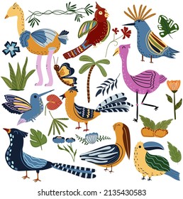 Collection of jungle birds and exotic tropical leaves. African birds, flamingo, ostrich, toucans, hummingbird, Hoopoe, pheasant.Vector illustration