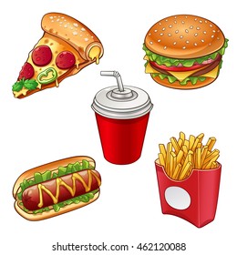 Collection of junk food, vector art isolated on white.