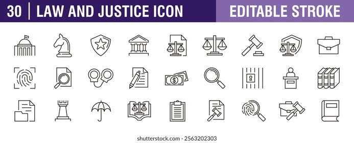 Collection of justice icons. Law, firm, criminal, court. Vector design template, signs, symbols, editable stroke.