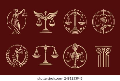 Collection of justice logos, scales and woman, law logo, lawyers and law