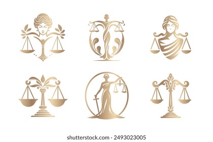 Collection of justice logos, scales and woman, law logo, lawyers and law