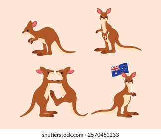 collection of kangaroo in different pose, bent down , with baby kangaroo in mother's pouch, fighting and holding Australian flag illustration