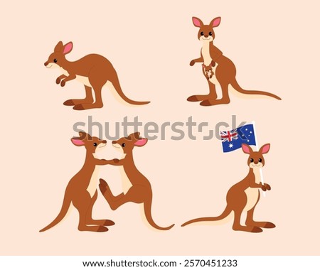 collection of kangaroo in different pose, bent down , with baby kangaroo in mother's pouch, fighting and holding Australian flag illustration