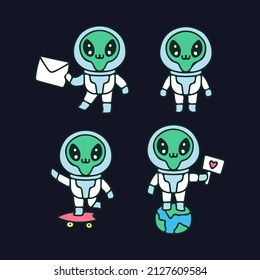 Collection of kawaii alien in astronaut costume, illustration for t-shirt, sticker, or apparel merchandise. With retro cartoon style.