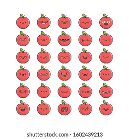 Collection of kawaii apple emoticons cartoons isolated on white
