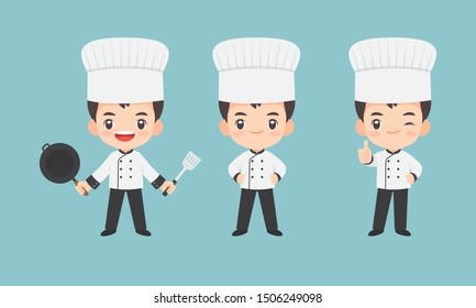 Collection of kawaii chef character in uniform in many pose, cute cartoon mascot vector illustration