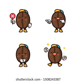 Collection of Kawaii coffee bean character in many pose, cute mascot, cartoon vector illustration