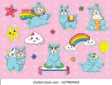 Colección Kawaii Cute Llama Alpaca Set Stickers Ilustración de vectores planos. Animales con ojos grandes. Personajes Usando Gafas De Color Rosa, Comiendo Helados, Haciendo Deportes, Sosteniendo Globos.