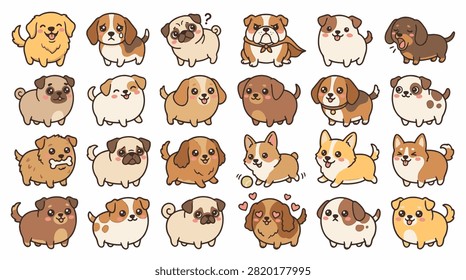 Collection of kawaii dog illustrations featuring various breeds like Pugs, Corgis, and Beagles with different emotions including happy, sad, and angry, isolated on white background.