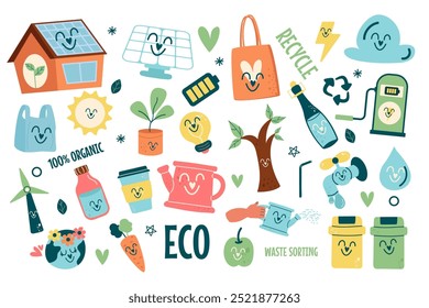 Colección Kawaii Eco Friendly Lindos Elementos de diseño plano